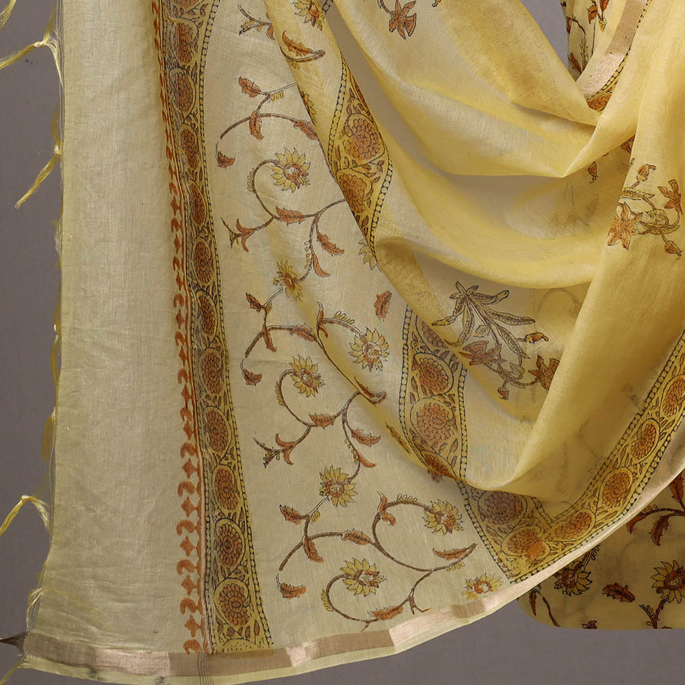 Yellow - 3pc Sanganeri Block Printed Cotton Suit Material with Chanderi Silk Dupatta 12