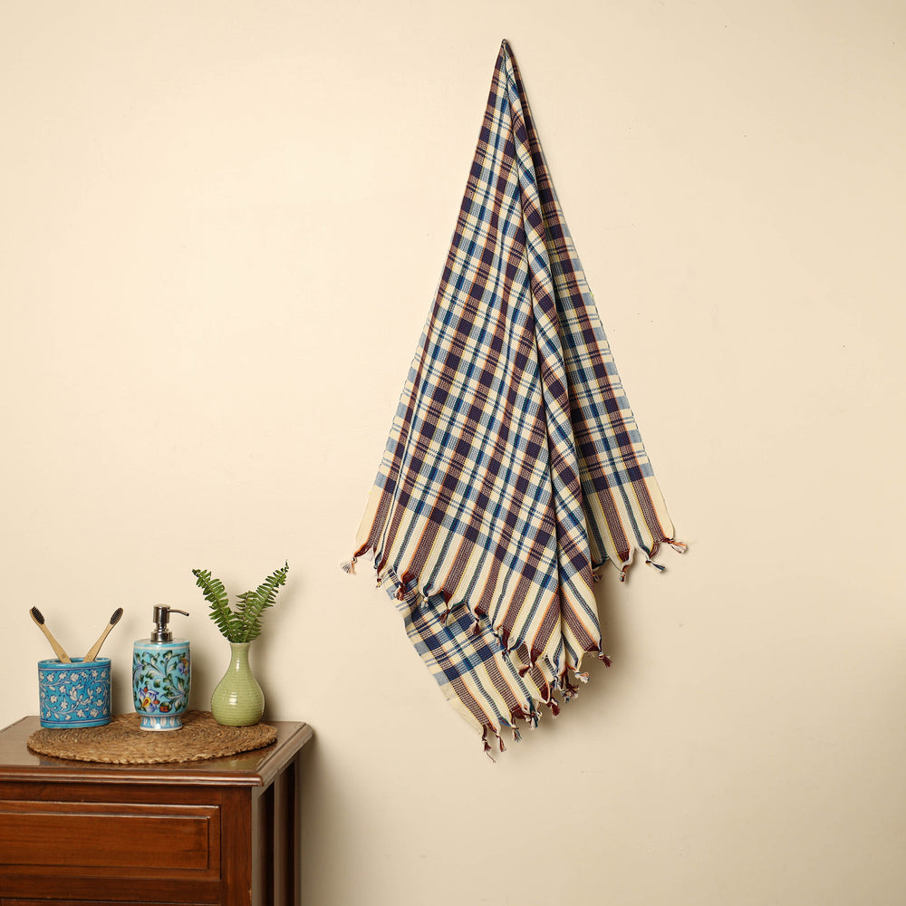 Blue - Handloom Fine Cotton Checks Bath Towel 145