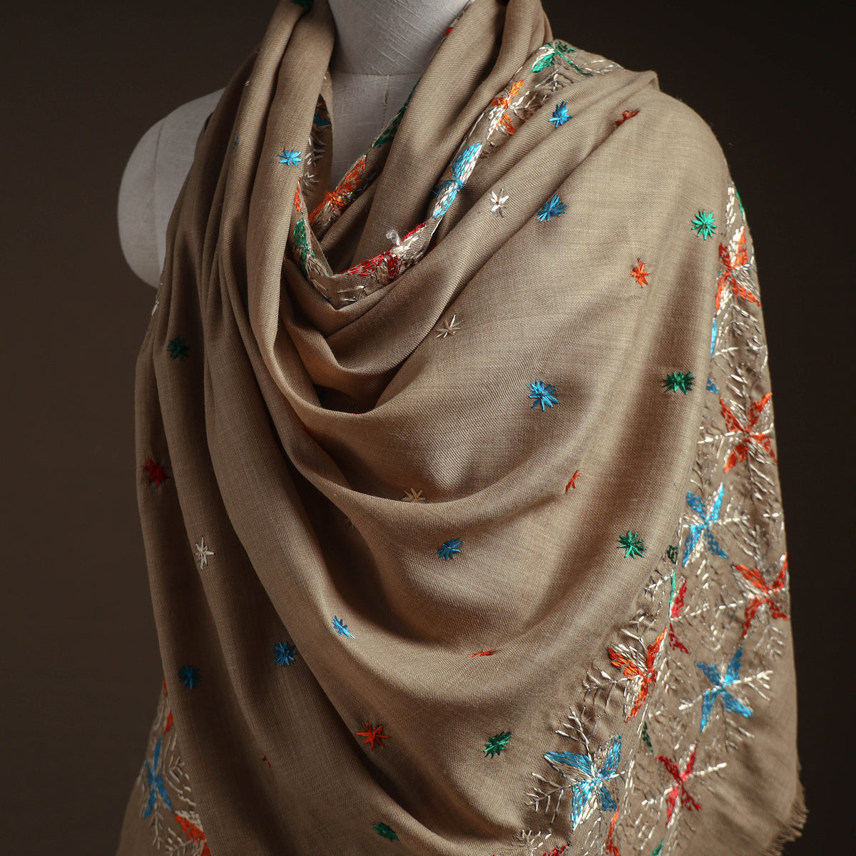Brown - phulkari hand embroidered wool shawl 01