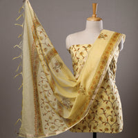 Yellow - 3pc Sanganeri Block Printed Cotton Suit Material with Chanderi Silk Dupatta 12