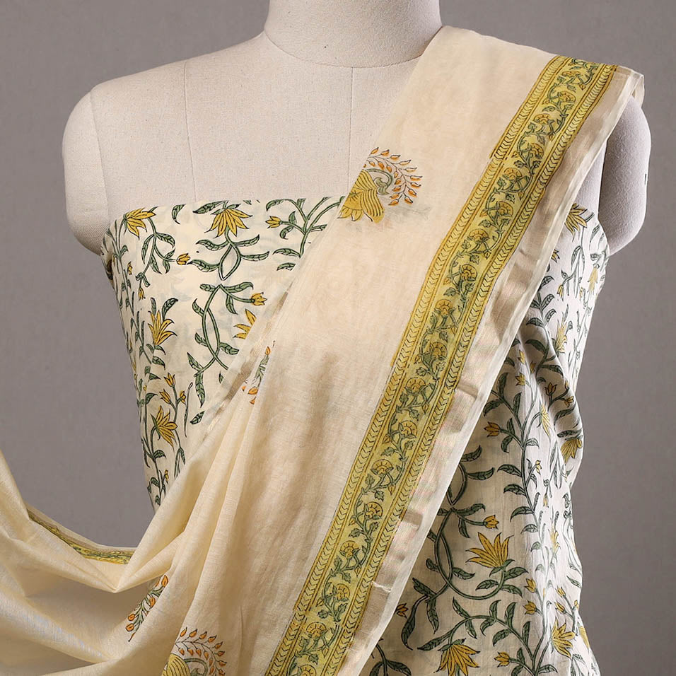 Yellow - 3pc Sanganeri Block Printed Cotton Suit Material with Chanderi Silk Dupatta 13