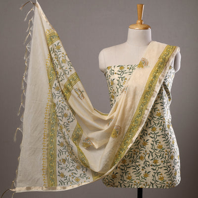 Yellow - 3pc Sanganeri Block Printed Cotton Suit Material with Chanderi Silk Dupatta 13