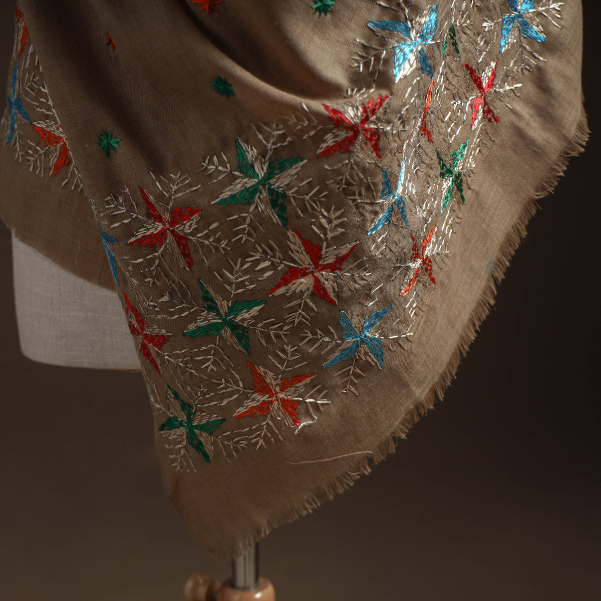 Brown - phulkari hand embroidered wool shawl 01