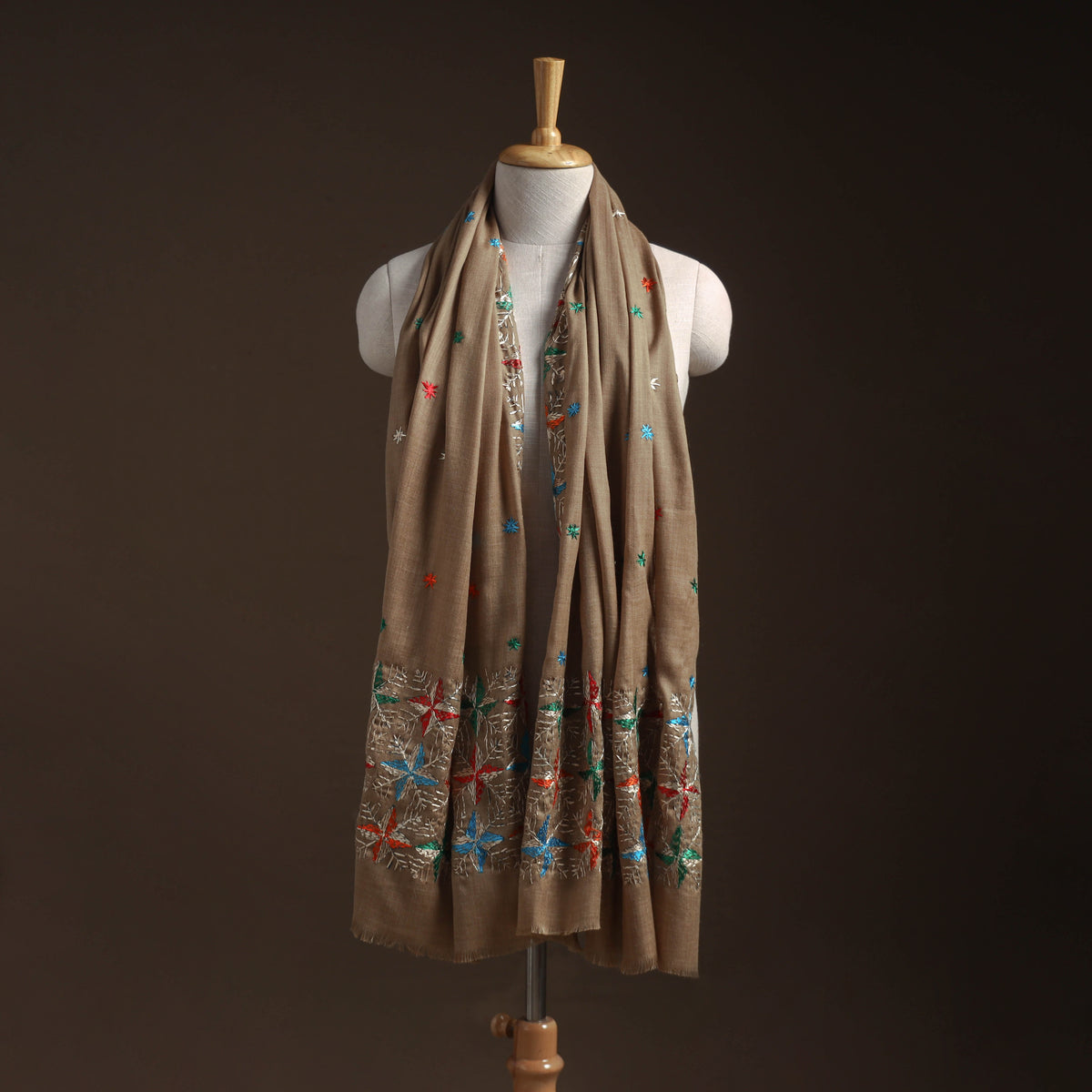 Brown - phulkari hand embroidered wool shawl 01