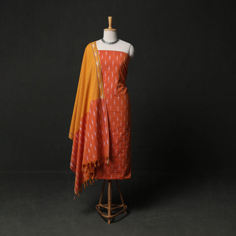 Orange - Pochampally Ikat Weave 3pc Cotton Unstitched Dress Material Suit Set 10
