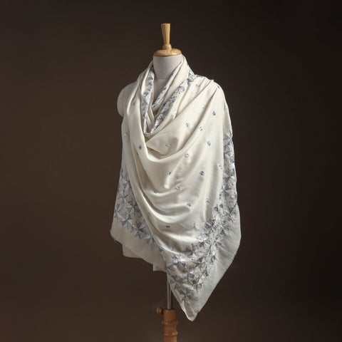 White - phulkari hand embroidered wool shawl 02