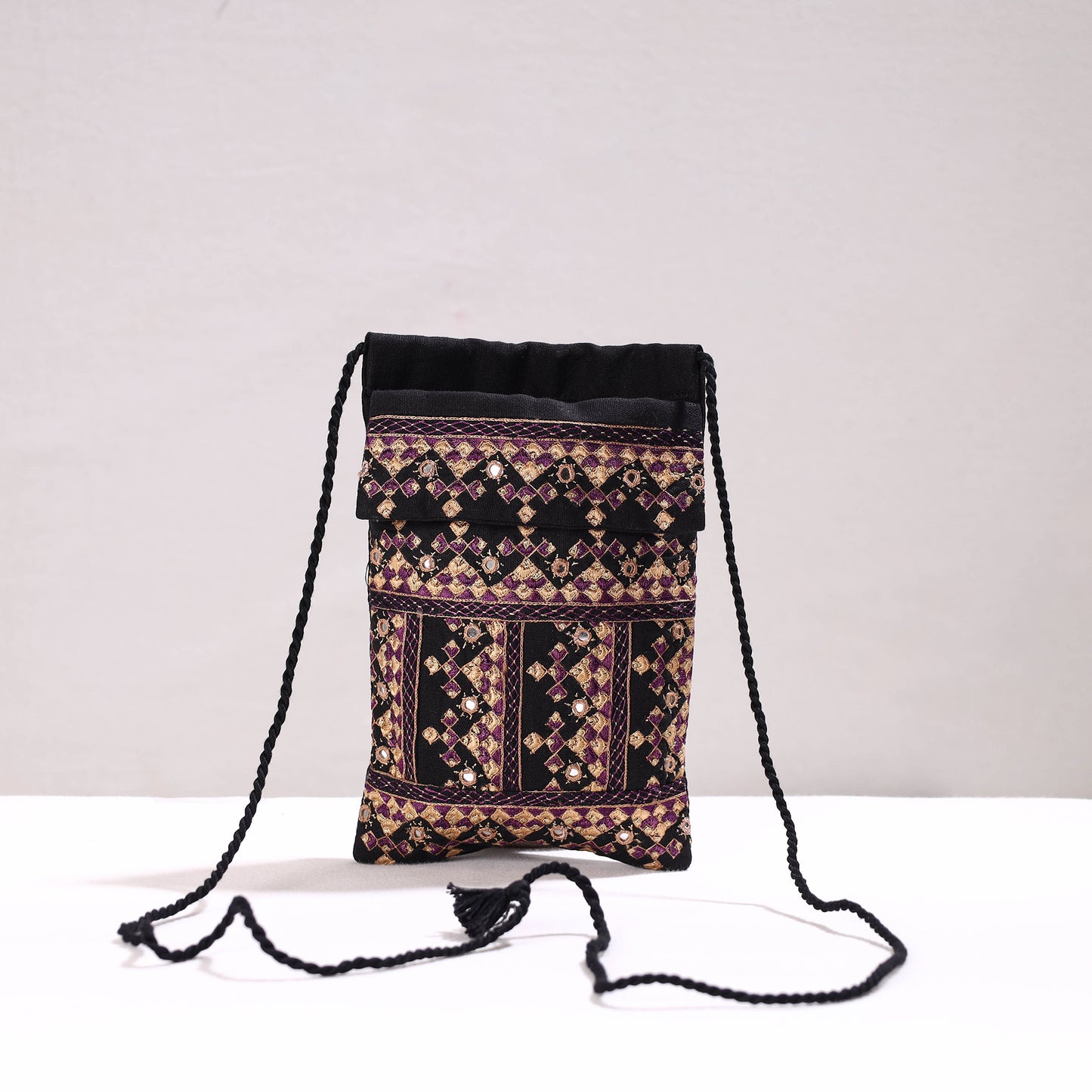 Black - Kutch Neran Hand Embroidery Cotton Sling Bag