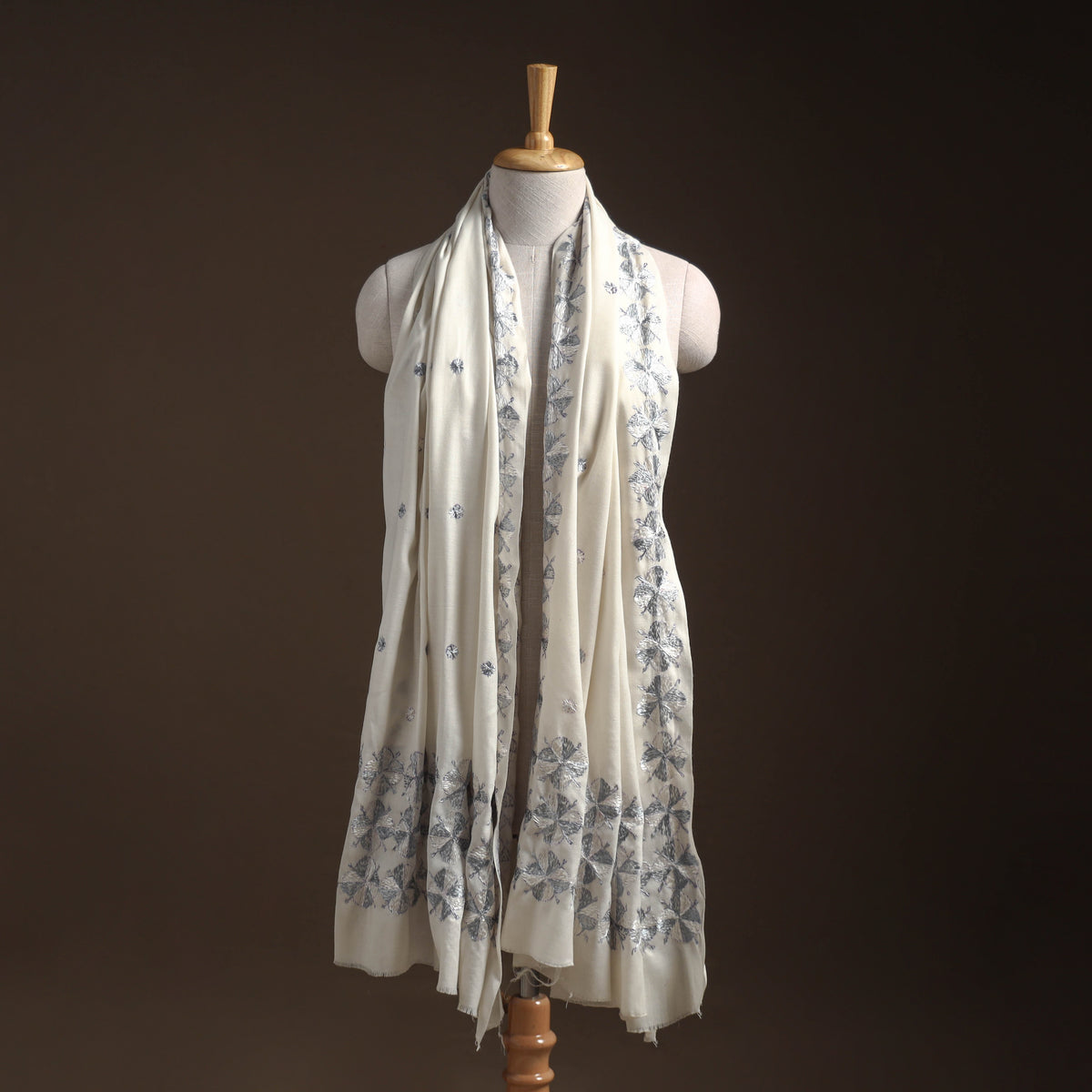 White - phulkari hand embroidered wool shawl 02