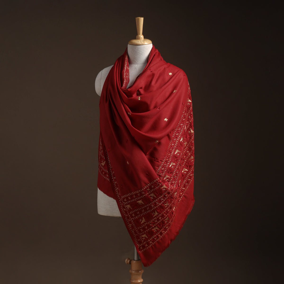 Red - phulkari hand embroidered wool shawl 04 - handcrafted