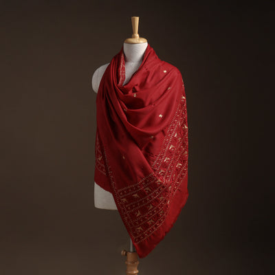 Red - phulkari hand embroidered wool shawl 04 - handcrafted