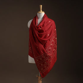 Red - phulkari hand embroidered wool shawl 04 - handcrafted