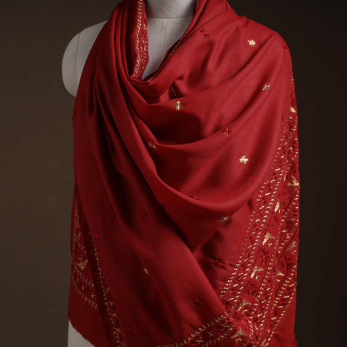 Red - phulkari hand embroidered wool shawl 04 - handcrafted