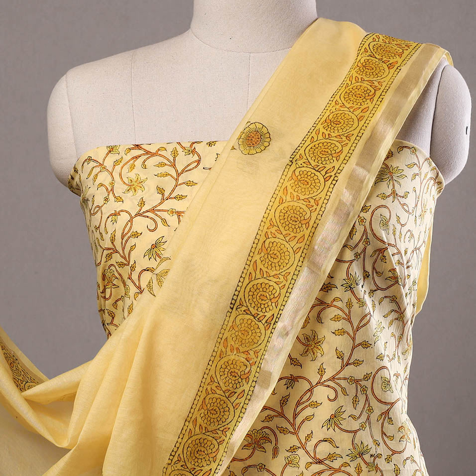 Yellow - 3pc Sanganeri Block Printed Cotton Suit Material with Chanderi Silk Dupatta 17