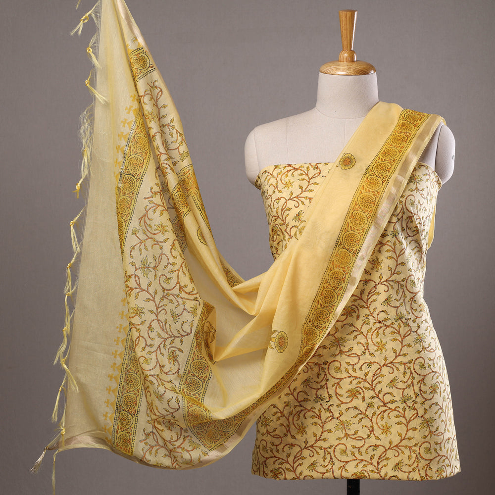 Yellow - 3pc Sanganeri Block Printed Cotton Suit Material with Chanderi Silk Dupatta 17