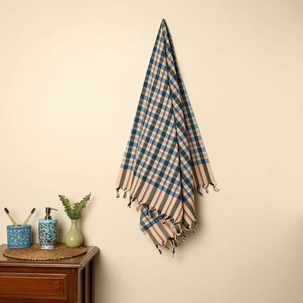 Blue - Handloom Fine Cotton Checks Bath Towel 150