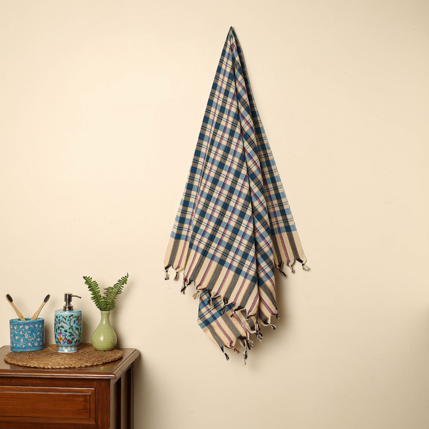 Blue - Handloom Fine Cotton Checks Bath Towel 150