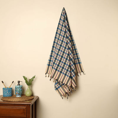 Blue - Handloom Fine Cotton Checks Bath Towel 150