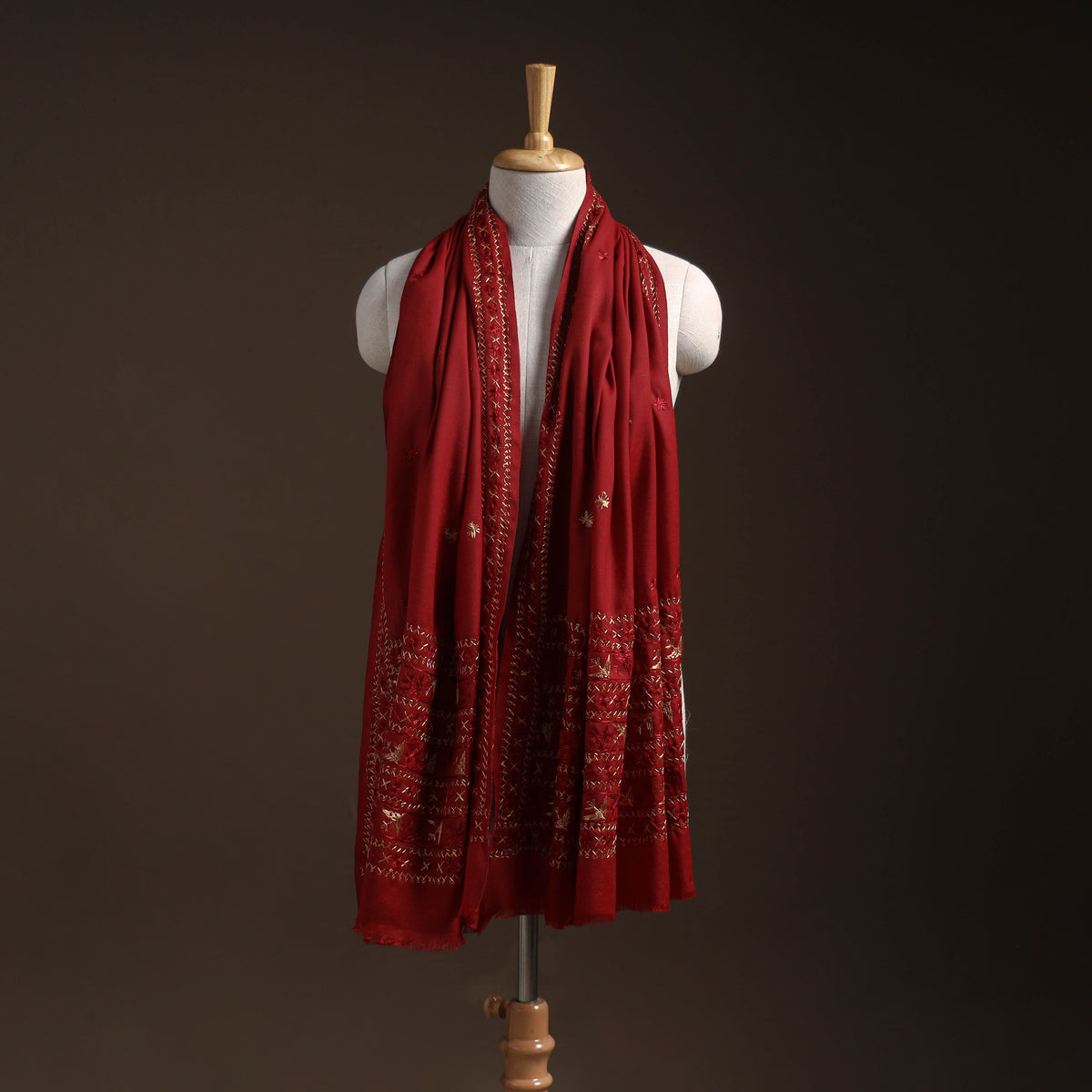 Red - phulkari hand embroidered wool shawl 04 - handcrafted