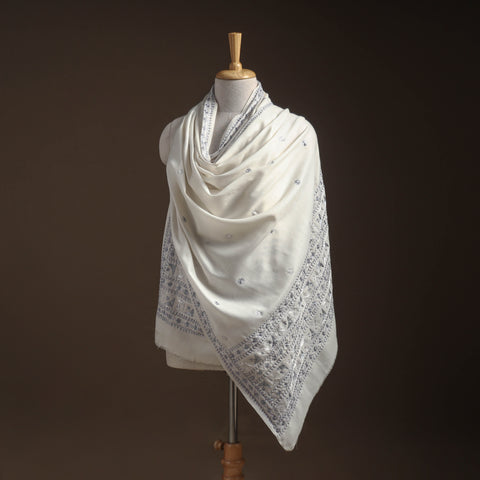 White - phulkari hand embroidered wool shawl 05