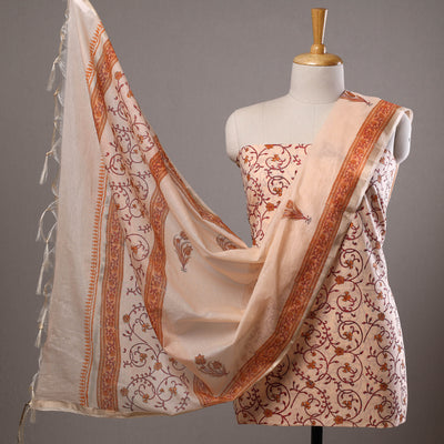 Peach - 3pc Sanganeri Block Printed Cotton Suit Material with Chanderi Silk Dupatta 19