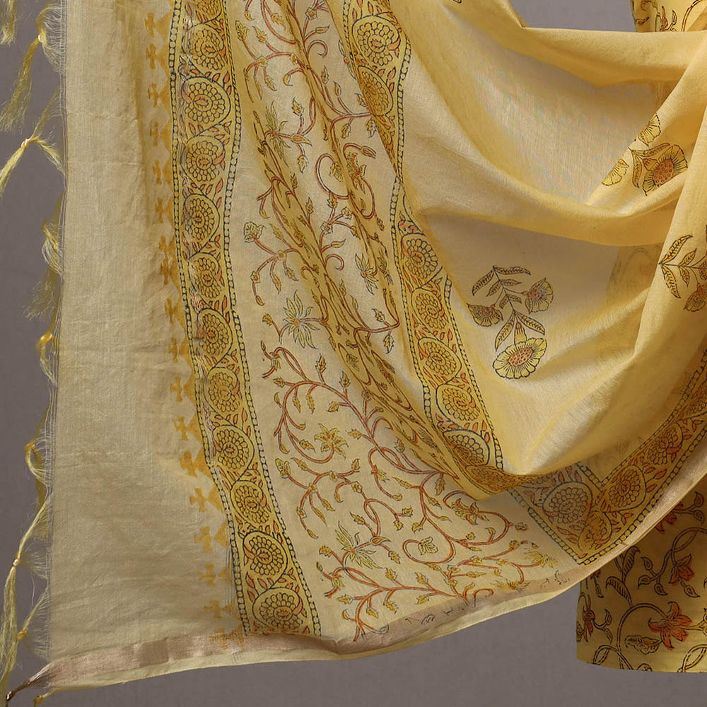 Yellow - 3pc Sanganeri Block Printed Cotton Suit Material with Chanderi Silk Dupatta 20