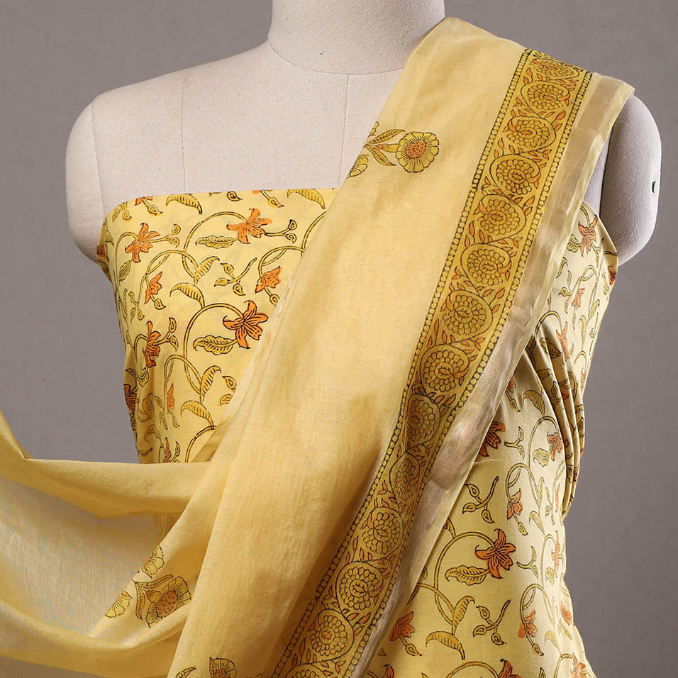 Yellow - 3pc Sanganeri Block Printed Cotton Suit Material with Chanderi Silk Dupatta 20