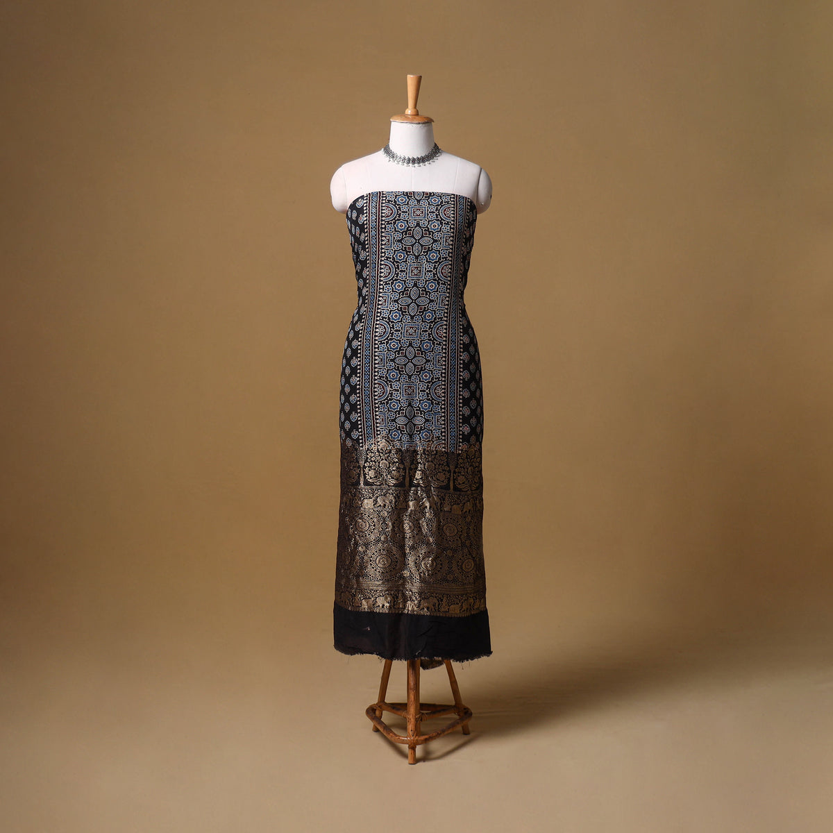 Ajrakh Hand Block Print Natural Dyed Dola Silk Unstitched Kurta Material (3M) 04