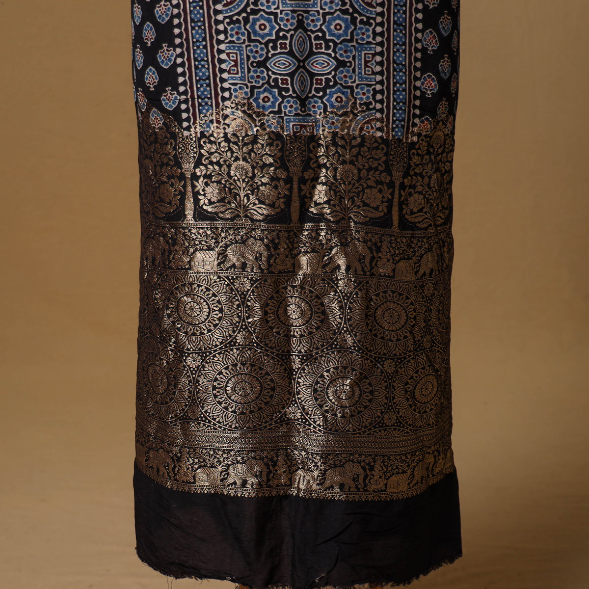 Ajrakh Hand Block Print Natural Dyed Dola Silk Unstitched Kurta Material (3M) 04