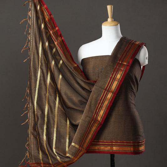 Brown - 3pc Ilkal Handloom Mercerized Cotton Suit Material Set with Zari Border 14