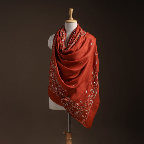 Red - phulkari hand embroidered wool shawl 06 - handcrafted