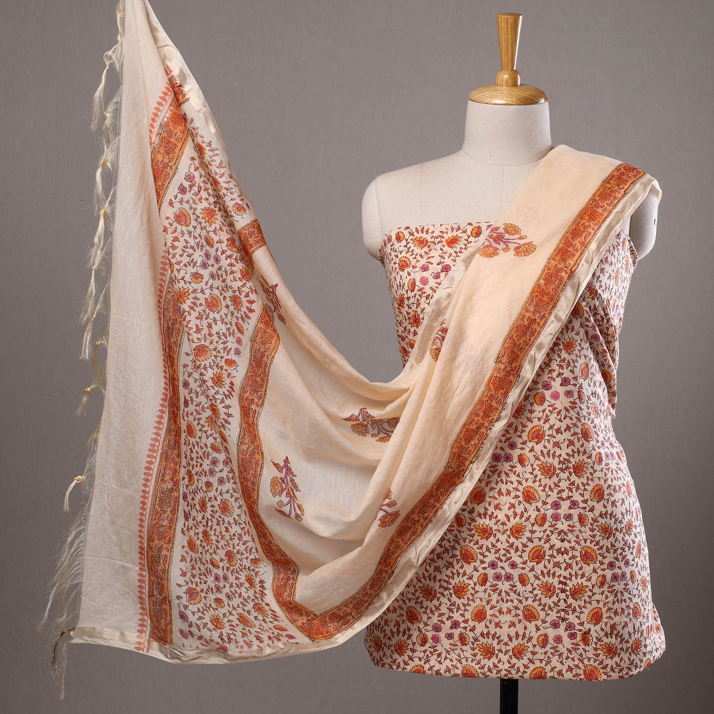 Orange - 3pc Sanganeri Block Printed Cotton Suit Material with Chanderi Silk Dupatta 22