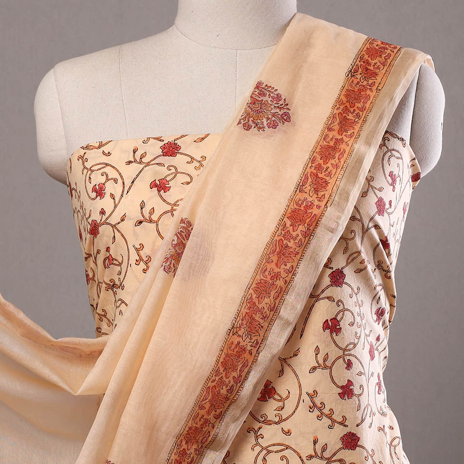 Beige - 3pc Sanganeri Block Printed Cotton Suit Material with Chanderi Silk Dupatta 23