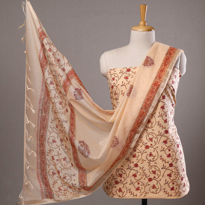 Beige - 3pc Sanganeri Block Printed Cotton Suit Material with Chanderi Silk Dupatta 23