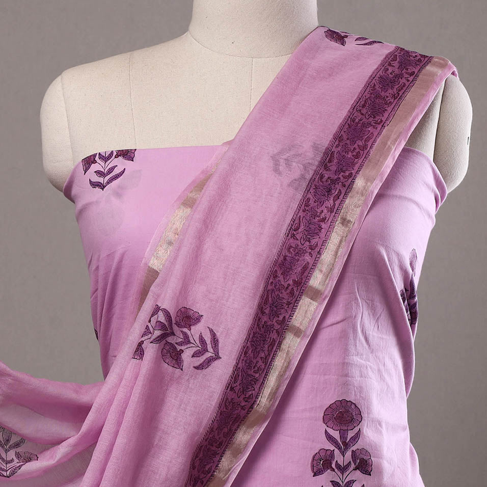 Purple - 3pc Sanganeri Block Printed Cotton Suit Material with Chanderi Silk Dupatta 11