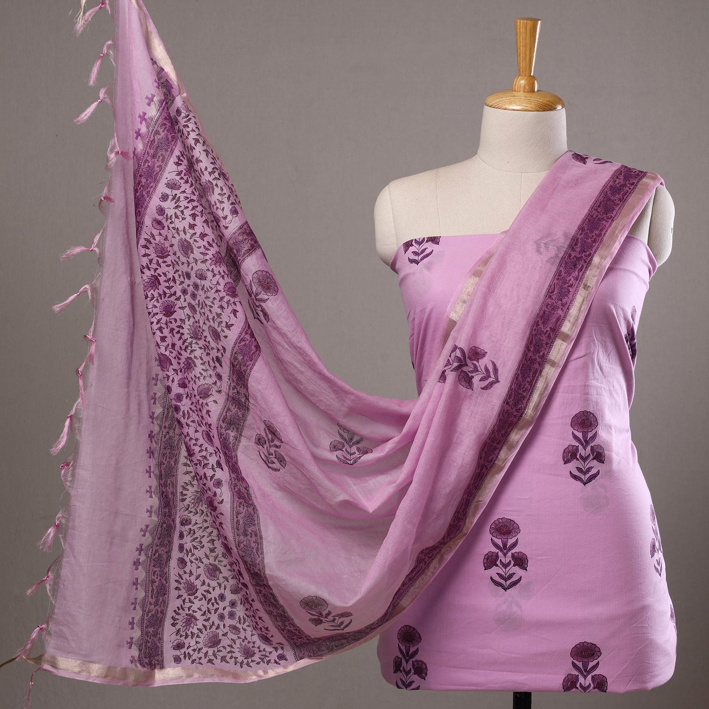 Purple - 3pc Sanganeri Block Printed Cotton Suit Material with Chanderi Silk Dupatta 11