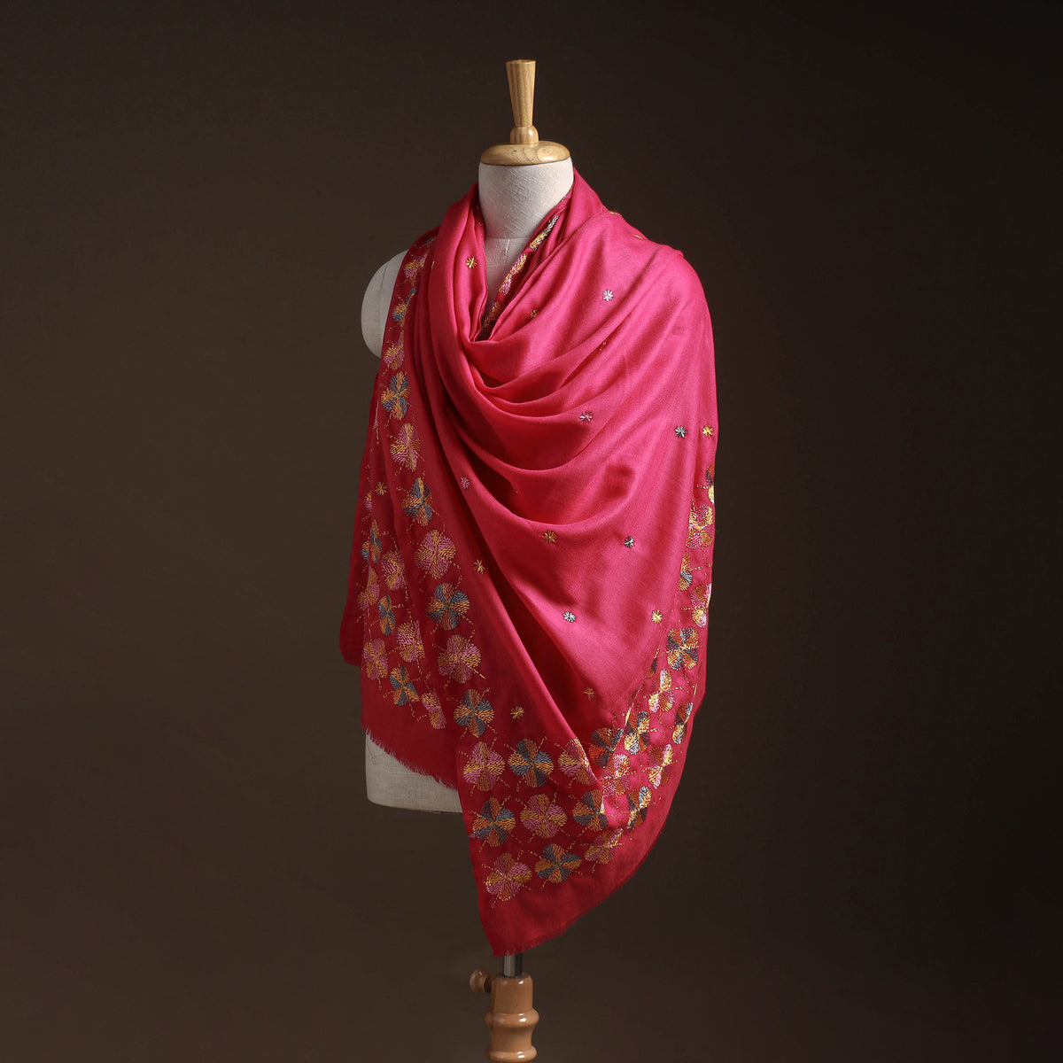 Pink - phulkari hand embroidered wool shawl 07 - handcrafted