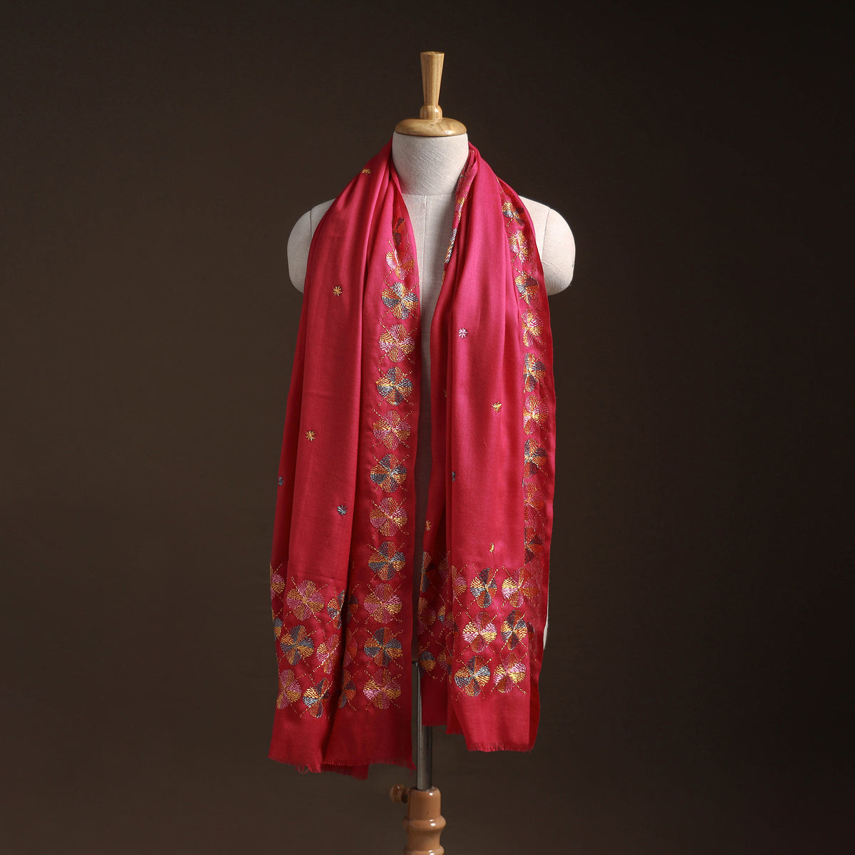 Pink - phulkari hand embroidered wool shawl 07 - handcrafted
