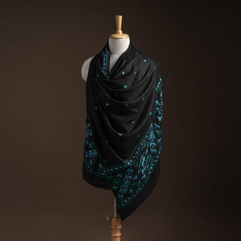Black - phulkari hand embroidered wool shawl 08