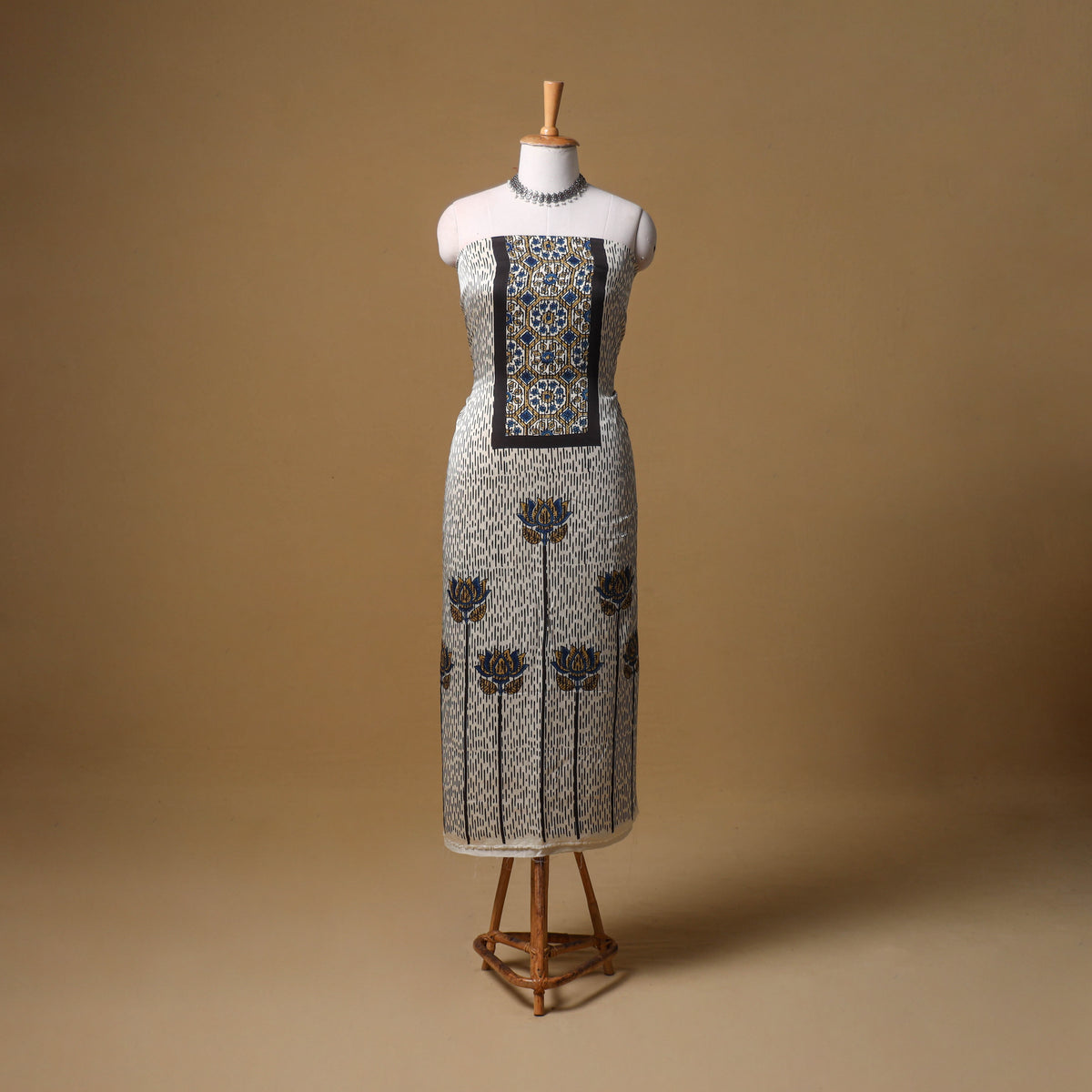 Ajrakh Hand Block Print Natural Dyed Modal Silk Unstitched Kurta Material (2.5M) 08