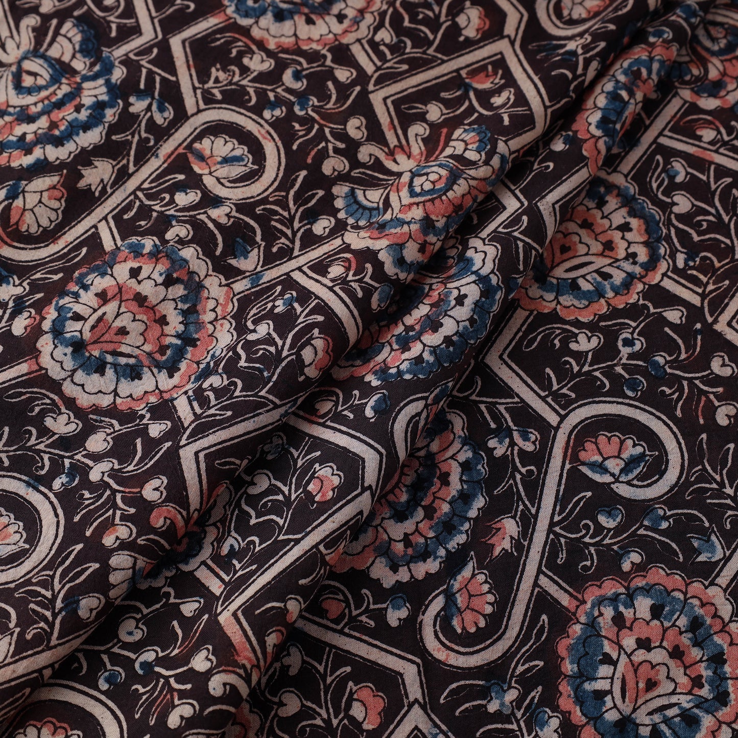 Black - Natural Dyed Block Print Cotton Kalamkari Fabric 02