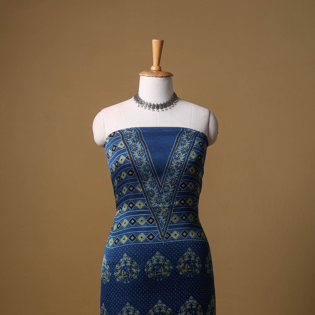 Ajrakh Hand Block Print Natural Dyed Modal Silk Unstitched Kurta Material (2.5M) 09