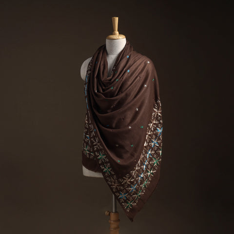 Brown - phulkari hand embroidered wool shawl 09