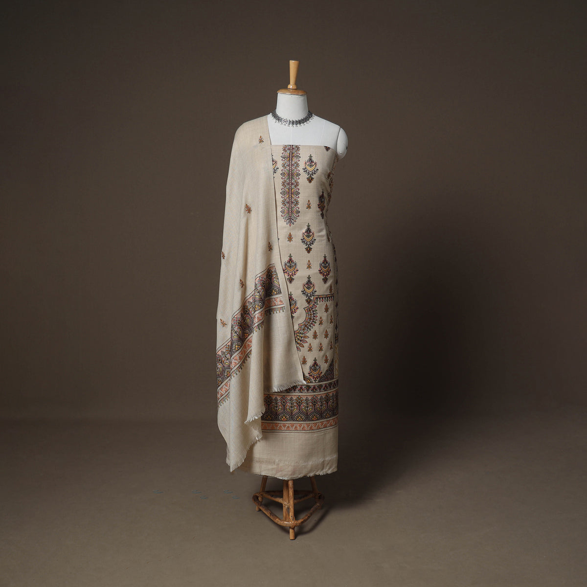 Woolen Heavy Chain Stitch Embroidered Unstitched Dress Material: Kurta, Bottom & Dupatta 41
