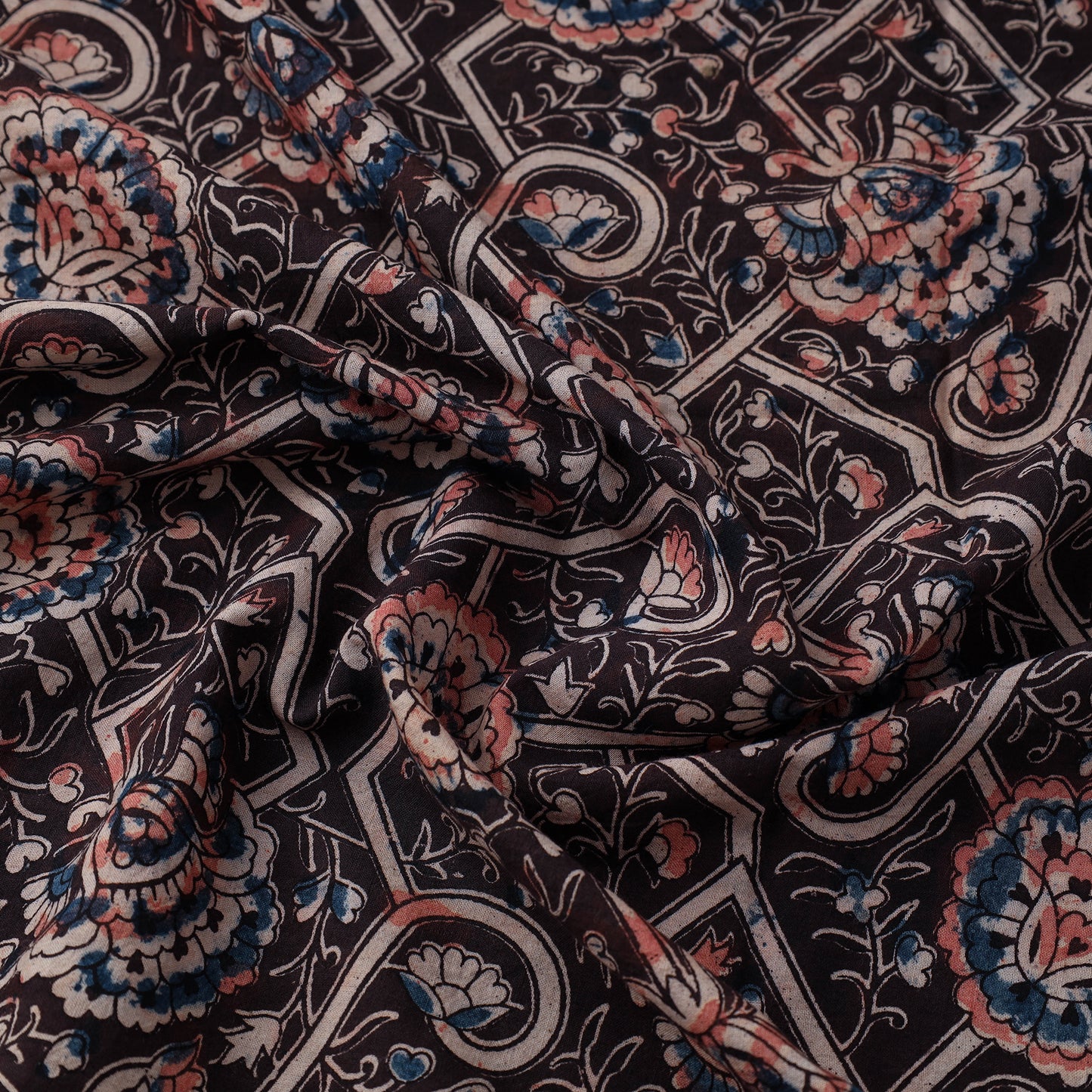 Black - Natural Dyed Block Print Cotton Kalamkari Fabric 02