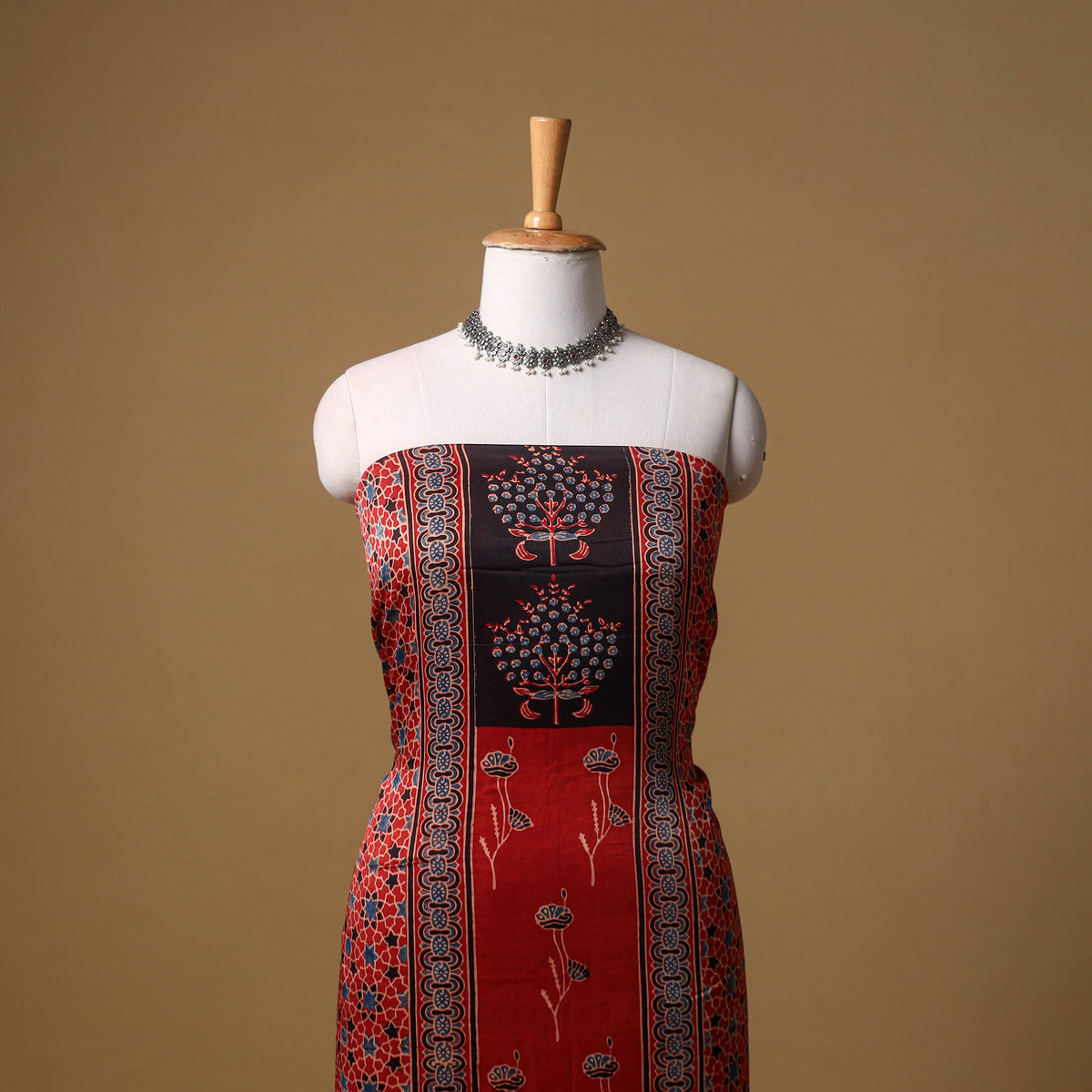 Ajrakh Hand Block Print Natural Dyed Modal Silk Unstitched Kurta Material (2.5M) 12