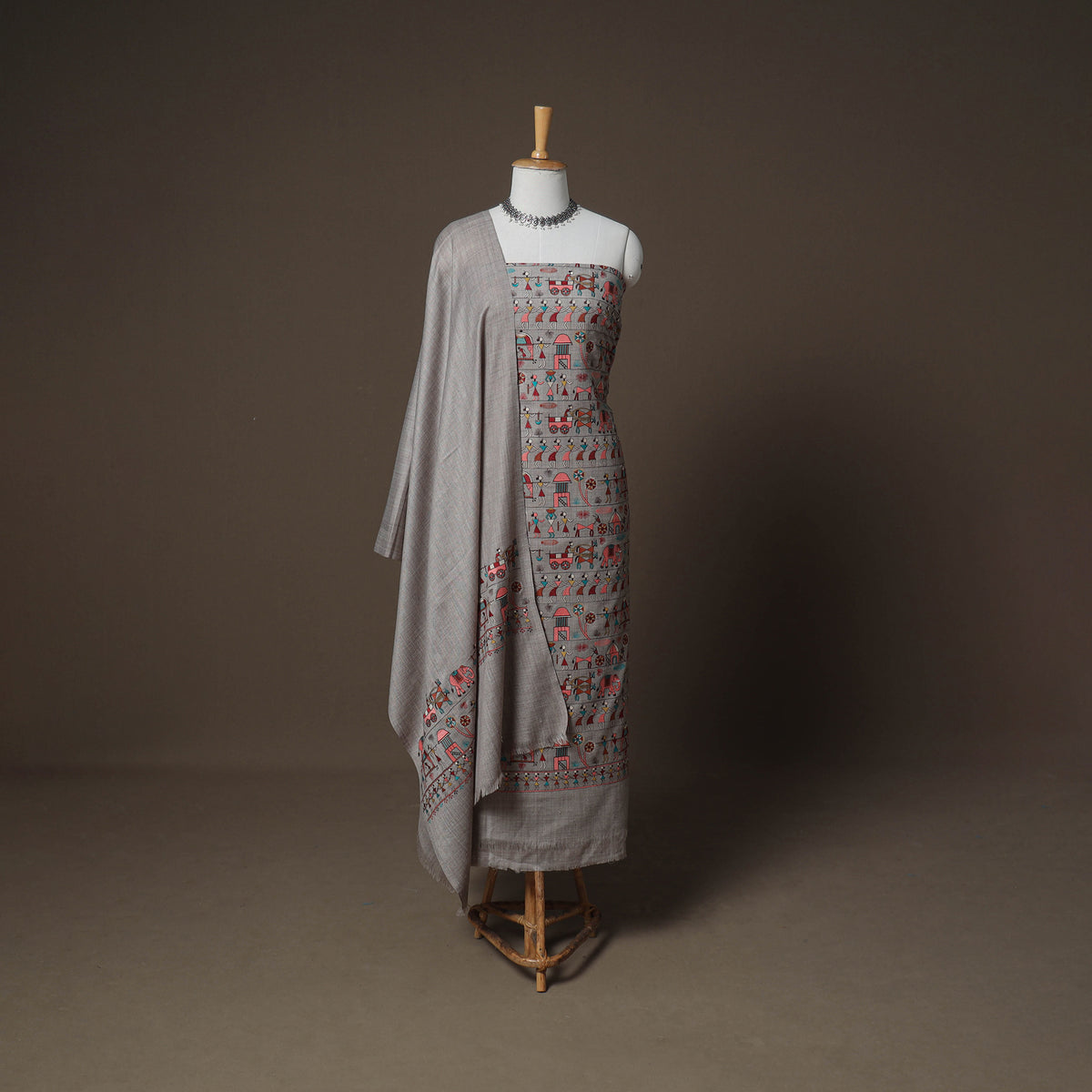 Woolen Heavy Embroidered Unstitched Dress Material: Kurta, Bottom & Dupatta 42
