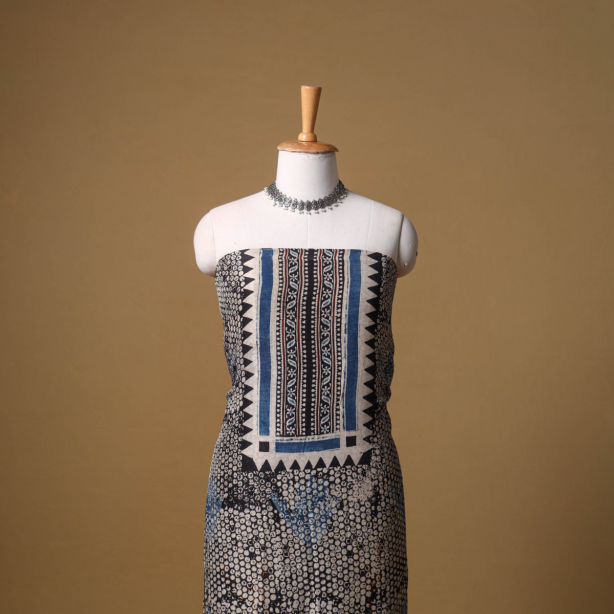 Ajrakh Hand Block Print Natural Dyed Dola Silk Unstitched Kurta Material (3M) 13