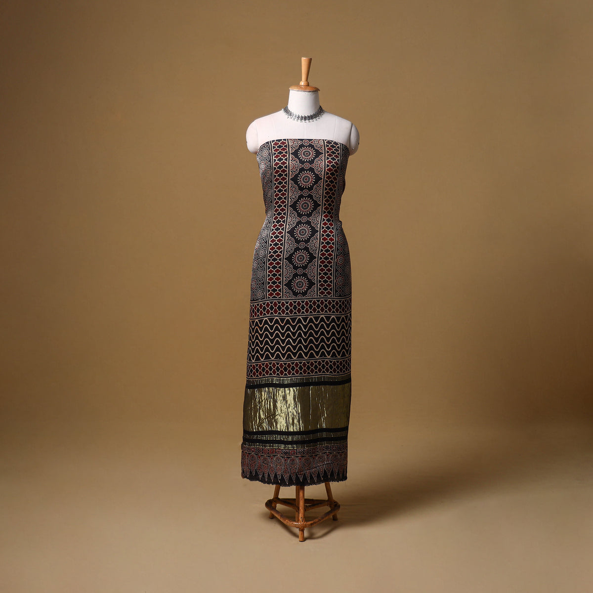 Ajrakh Hand Block Print Natural Dyed Modal Silk Unstitched Kurta Material (3M) 14