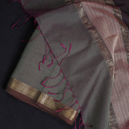 Brown - 2pc Maheshwari Silk Handloom Suit Material Set with Zari Border