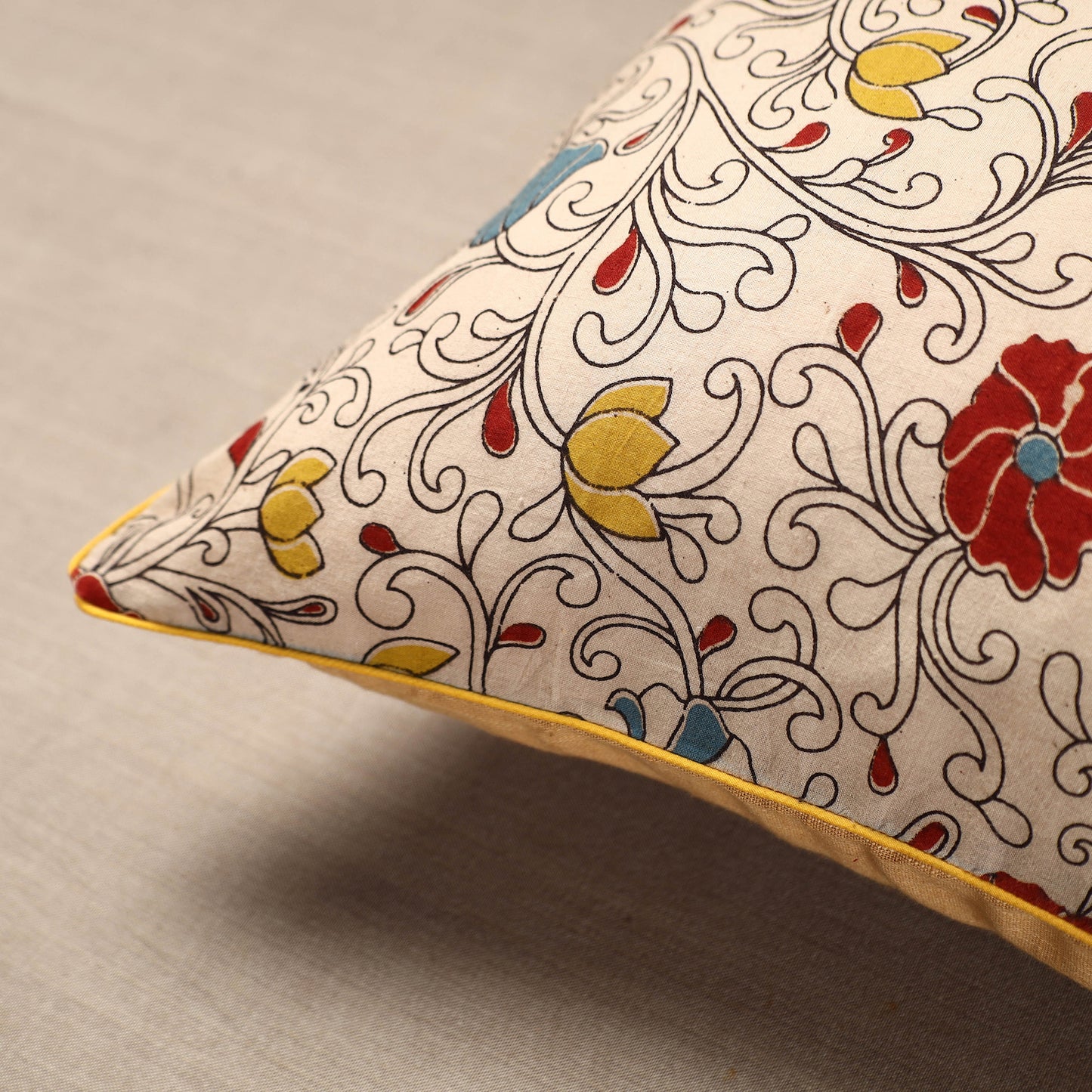 Beige - Kalamkari Printed Cotton Cushion Cover (16 x 16 in)